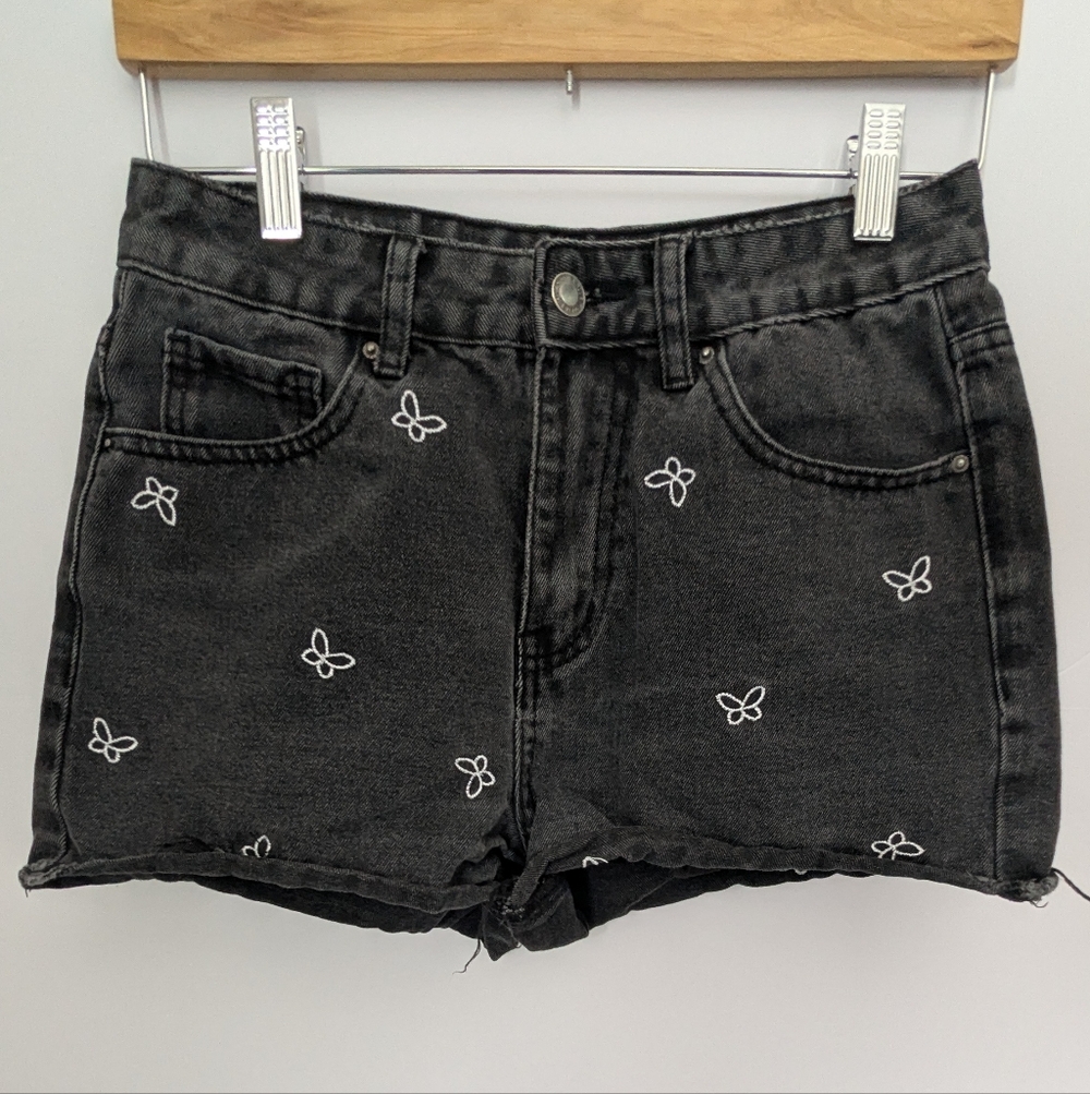 Khaki & Blue Black Denim Short Shorts Butterfly Embroidered